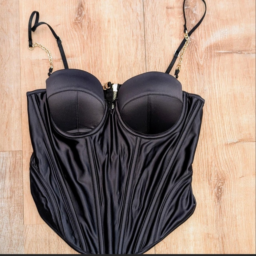 Honey Birdette Lauren Bustier Black Satin Corset with Gold Zipper
